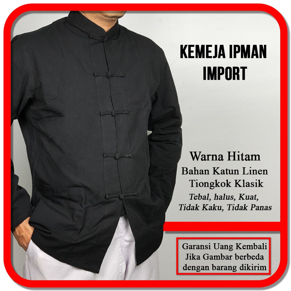 Kemeja Shanghai Pria Cheongsam Ipman Wingchun Tangan Panjang Import Hitam