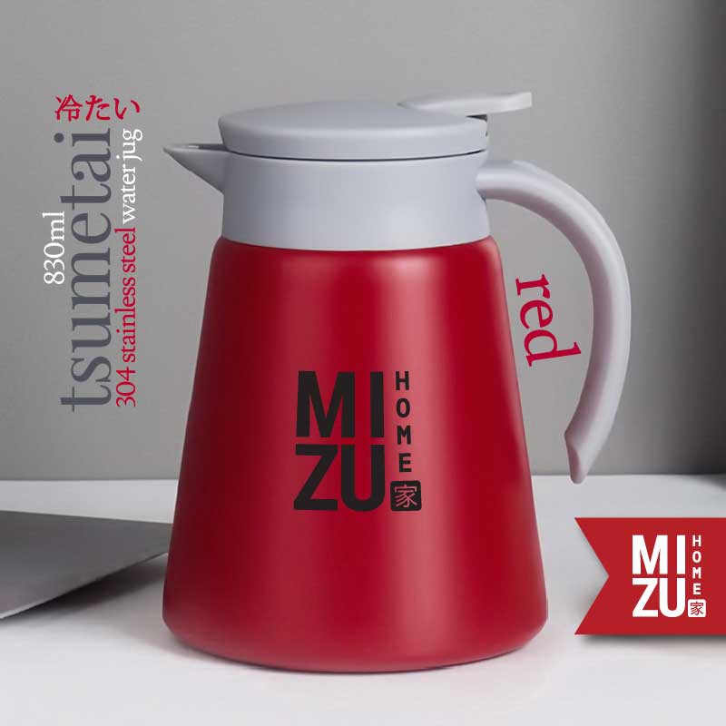 MIZU TSUMETAI 830ml 304 Stainless Steel Thermos Water Jug Teko Termos Stenles Air Panas Dingin-RED merah