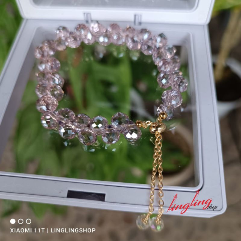 Gelang kristal serut,gelang kristal serut korea,gelang kristal tali elastis free BOX-Ungu serut