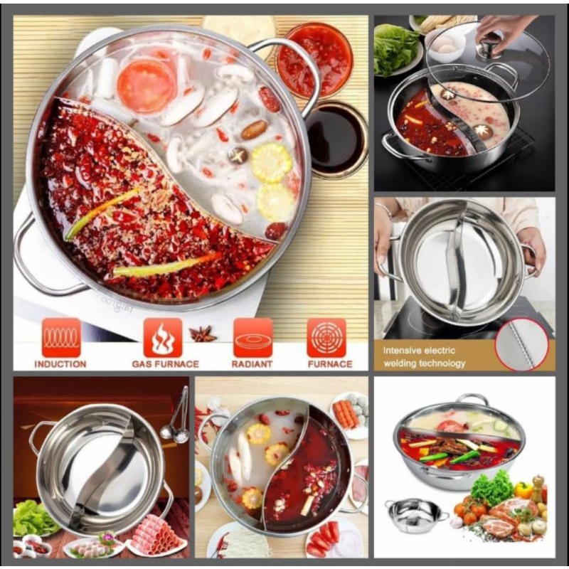 [ BISA COD ] Panci Shabu 2in1 Tutup Kaca Panci Suki Pan Hotpot Steamboat Sabu Kuah 2 Sekat Stainless Steel 28cm