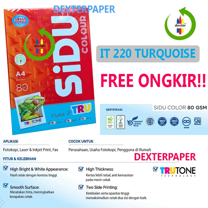 

KERTAS WARNA TURQUOISE TURKIS A4 SIDU IT 220 COLOUR / KERTAS SPECTRA WARNA IT 80 GSM