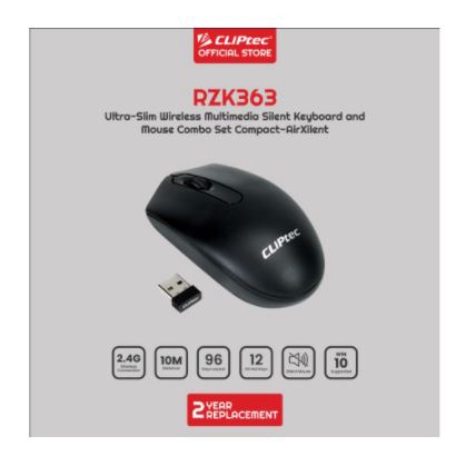 Keyboard mouse Cliptec wirelesss 2.4ghz bundle combo slim membrane 96 keys 1200dpi optical silent rzk363 rzk-363