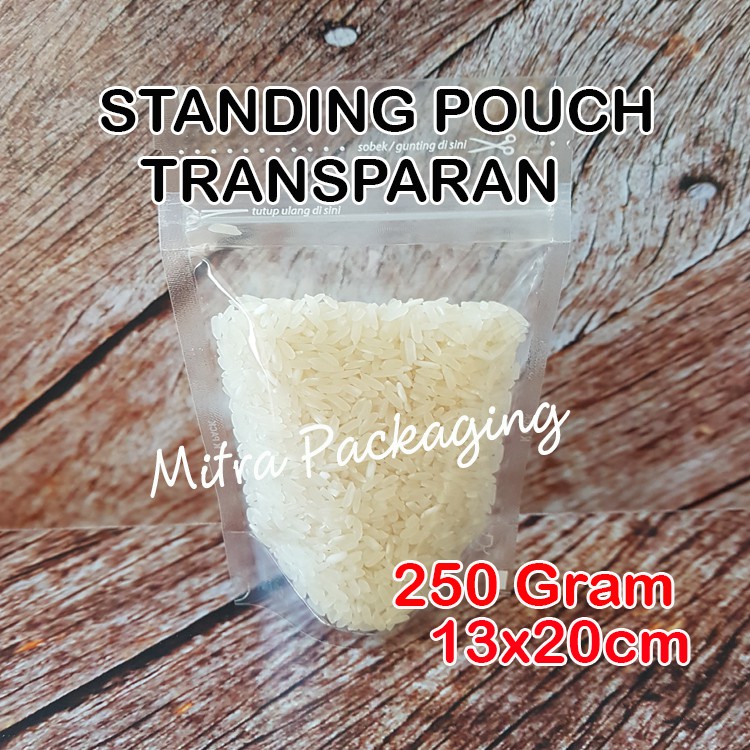 KPACK 250gr 13x20cm KEMASAN STANDING POUCH TRANSPARAN+ZIPLOCK/SNACK/KOPI/USUS