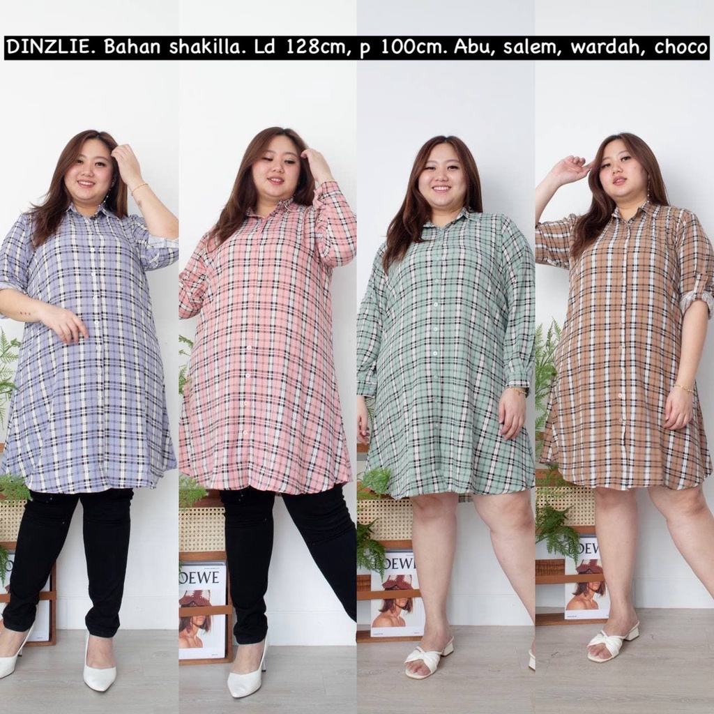 DINZLIE KEMEJA PANJANG WANITA TUNIK TUNIC DRESS BAHAN SHAKILLA MOTIF KOTAK KOTAK2 BIGSIZE JUMBO