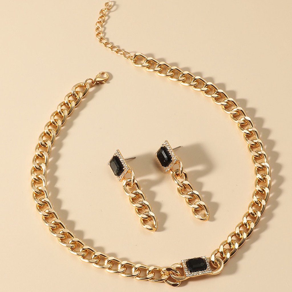 Hu Hu Hu Hu Hu Alat Bantu Pasang Kacamata♡ 2pcs / Set Kalung Rantai + Anting Gantung Panjang Tusuk Gaya Hip Hop Motif Geometri Aksen Batu Permata Imitasi Untuk Wanita