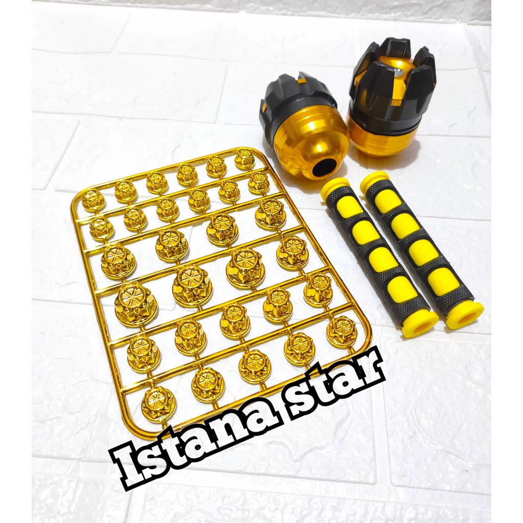 PROMO TERBARU PAKET 3 IN 1 MONEL BAUT PROBOLT GOLD PLUS JALU AS RODA BUAH NAGA PLUS KARET HANDLE JARI DOMINO UNIVERSAL UNTUK SEMUA MOTOR