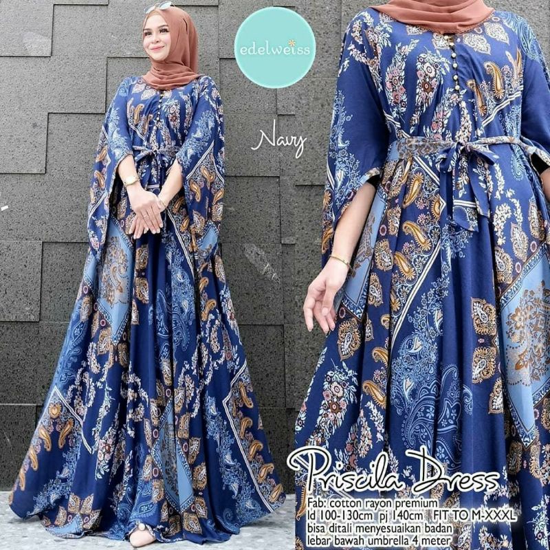 Priscila Dress, GAMIS MUSLIM JUMBO CANTIK FIT XXXL LD 130 BAHAN KATUN RAYON PREMIUM KANCING BUSUI TERMURAH OOTD