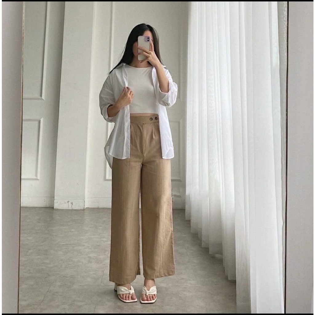 Celana Kulot Linen Highwaist Premium 2240 Side Button - Cullote Pants - Celana Kulot Linen Wanita