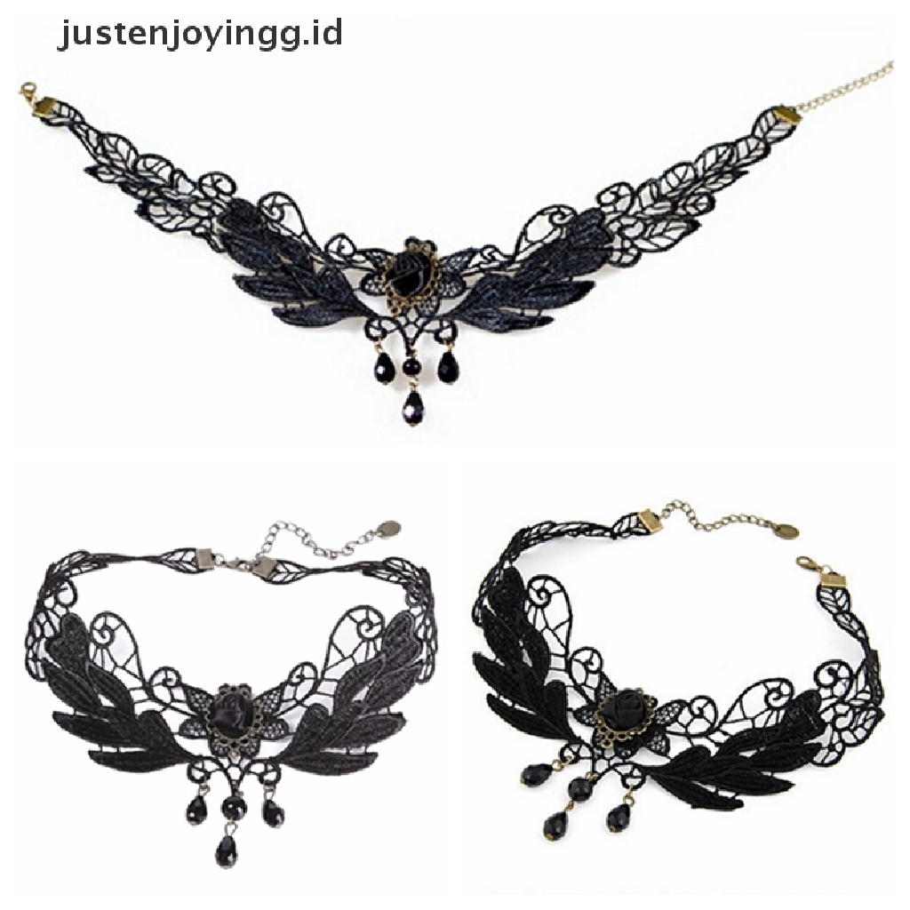 Kalung Choker Liontin Manik-Manik Mawar Hitam Bahan Lace Untuk Wanita