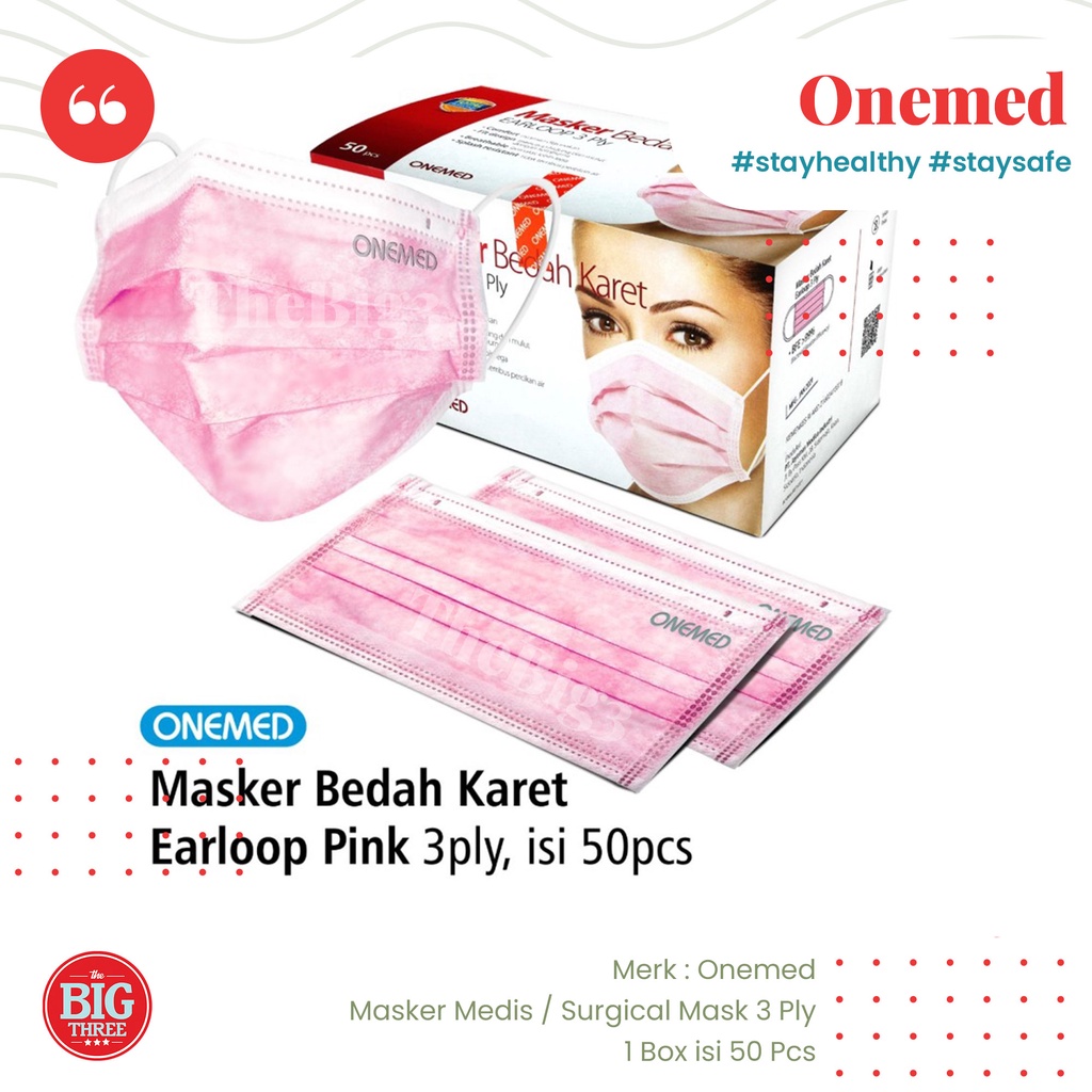 Masker Medis Karet Hijau 3 ply OneMed box 50pcs / Surgical Mask BFE PFE VFE 99 % One Med Acura - TBT