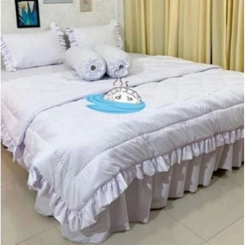 Sprei rumbai set bedcover pengantin bahan katun Polos Putih  ukuran 100,120