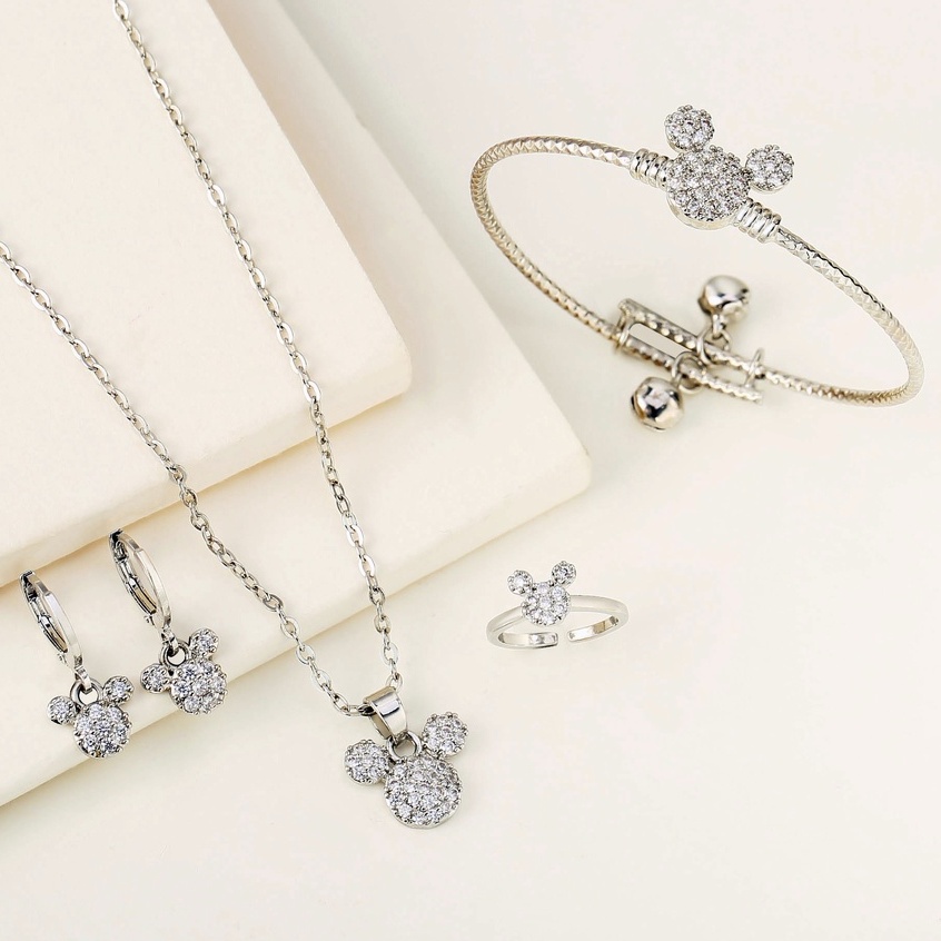 Lanmi Jewelry Set Perhiasan Anak Titanium Anti Karat Mickey Mouse Silver Set Cincin Gelang Anak Lucu