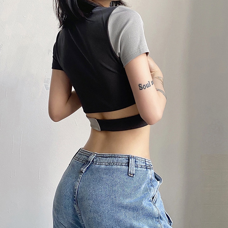 [✅BISA COD] #Sisjuly# Wanita Musim Panas Baru Wanita Warna Solid Slim Fit Cropped Navel Fashion Leher Bulat Ceta