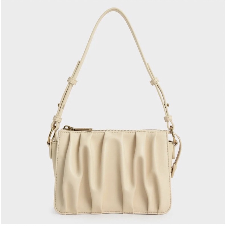 C Ruched Beaded Handle Shoulder Bag