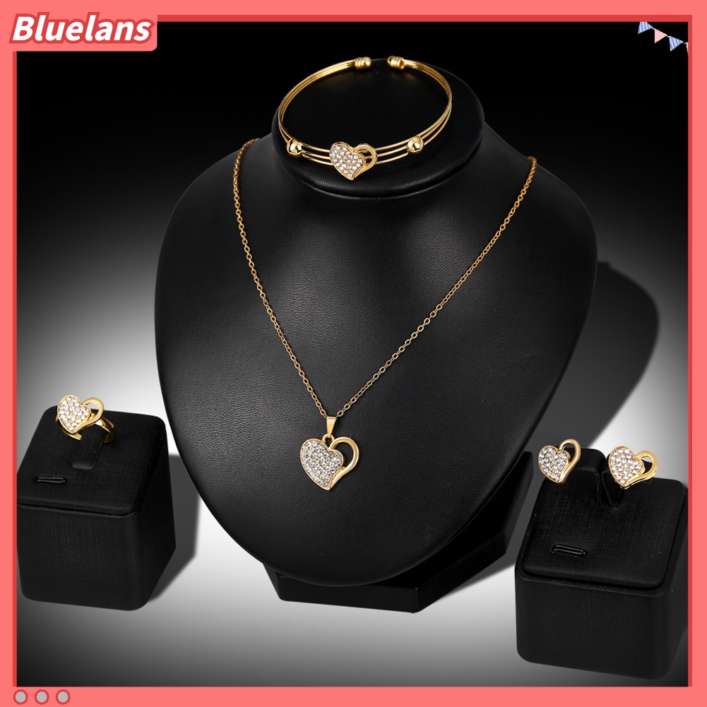 Bluelans Rhinestone Hollow Love Heart Necklace Bangle Ring Earrings Banquet Jewelry Set