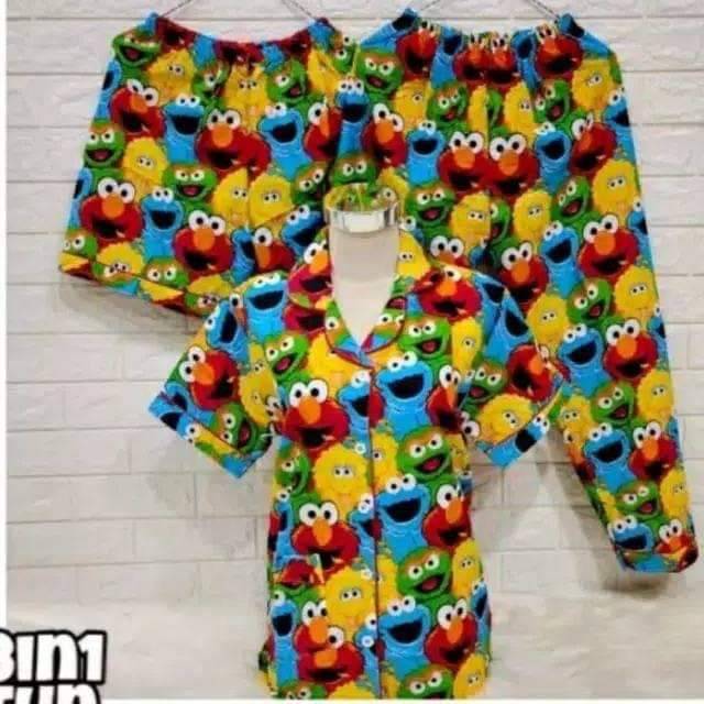 Piyama 3in1 / Baju Tidur Wanita Dewasa / Pakaian Tidur Wanita - Motif Elmo - Minion - Size Fit To XL