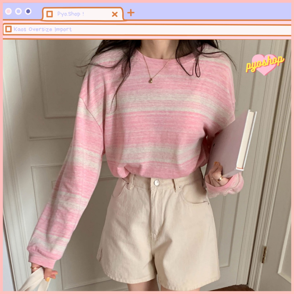 Oversize Tee Tshirt Kaos Import Longgar Motif GARIS LENGAN PANJANG