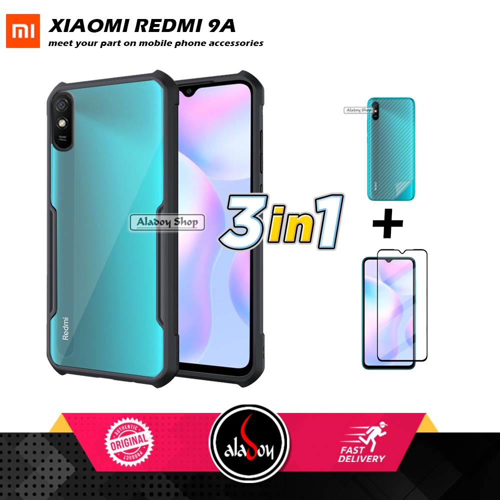 Case XIAOMI REDMI 9A Armor Fushion Transparent Casing + Tempered Glass Full Layar dan Skin Carbon