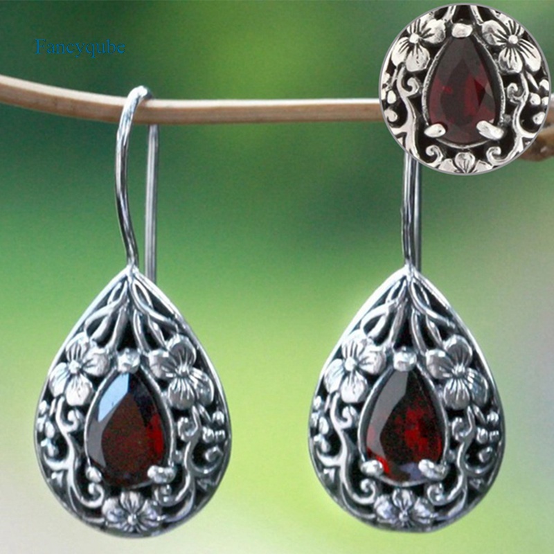 Fancyqube Anting Kait Gantung Wanita Bahan Sterling Silver 925 Desain Ukiran Bunga + Ruby Gaya Vintage Untuk Pesta