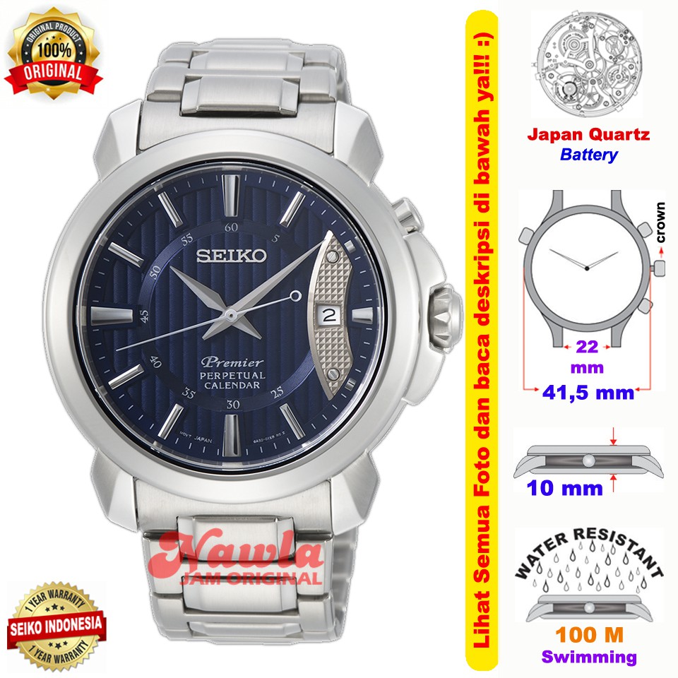 Seiko Premier SNQ157P1 Perpetual Sapphire Blue - Jam Tangan Pria SNQ157