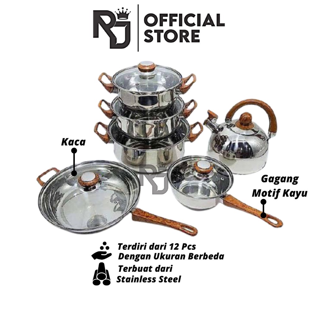 PANCI COOKWARE SET 12 PCS / PANCI SET SERBAGUNA / PANCI STAINLESS STEEL COOKWARE IDOLA GAGANG KAYU