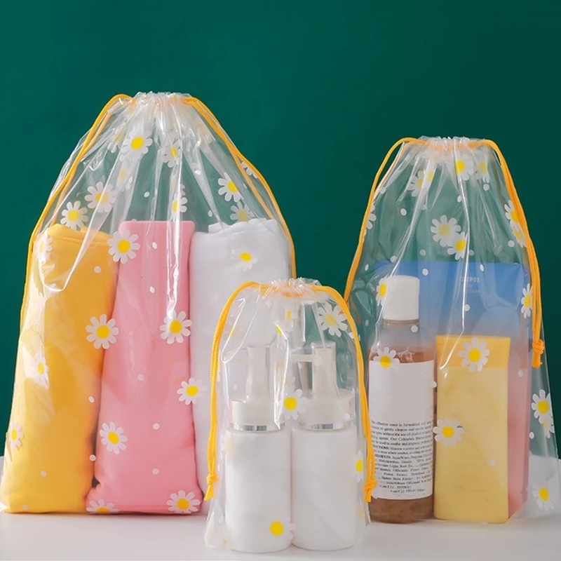 Tas Serut Penyimpanan Kaos Kaki / Kosmetik / Makeup Motif Bunga Aster Transparan Matte Anti Air