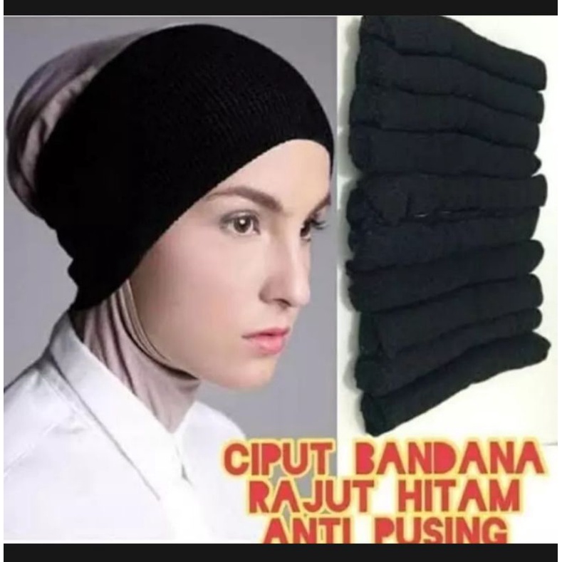 bandana rajut/ciput rajut/inner rajut polos warna hitam putih/ciput hitam putih