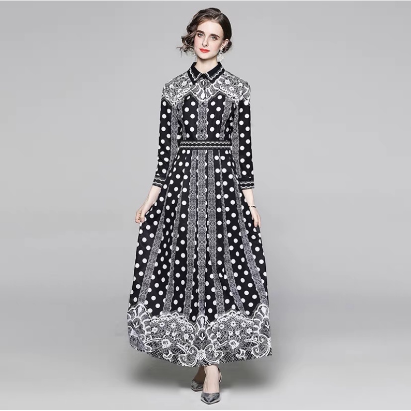 Gita Maxi Polkadot Dress with Belt / Gamis BKK Import Motif Polkadot Busui Friendly