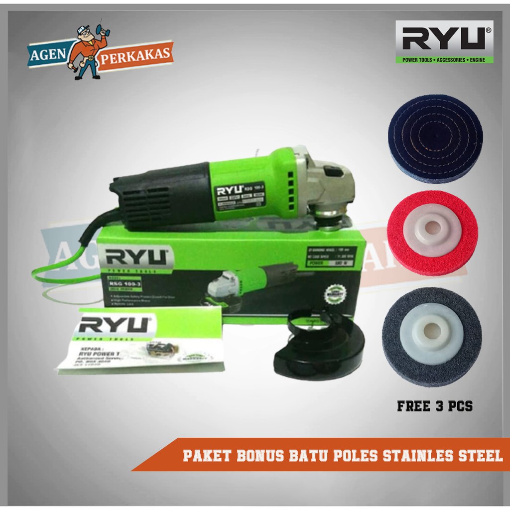 Mesin Gerinda Tangan RYU 4inc Angle Grinder RSG 100-3 FREE NON WOVEN