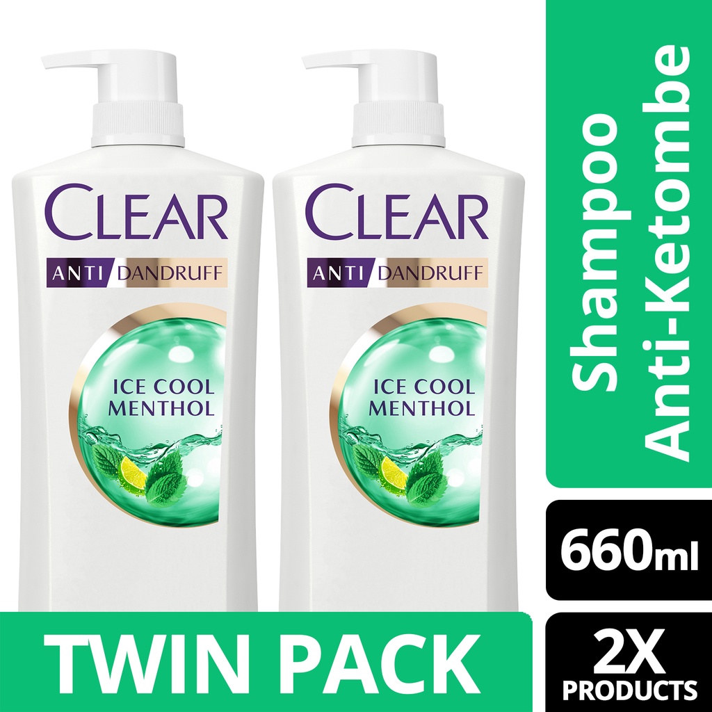 CLEAR Shampoo Anti Ketombe Menthol Segar, 48 Jam Segar Sensasi Dingin dengan 10x Super Vitamin - 660mL x2