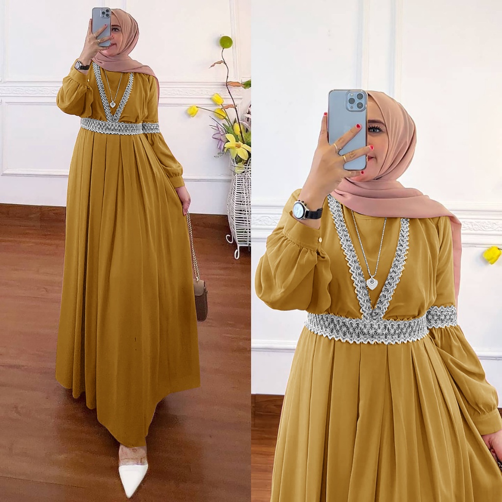 COD - Qaisha Dress Muslim Ceruty Aksen Renda Import Premium Fashion Gamis Gaun Maxy Lebaran Pesta Kondangan Terbaru-Mustard