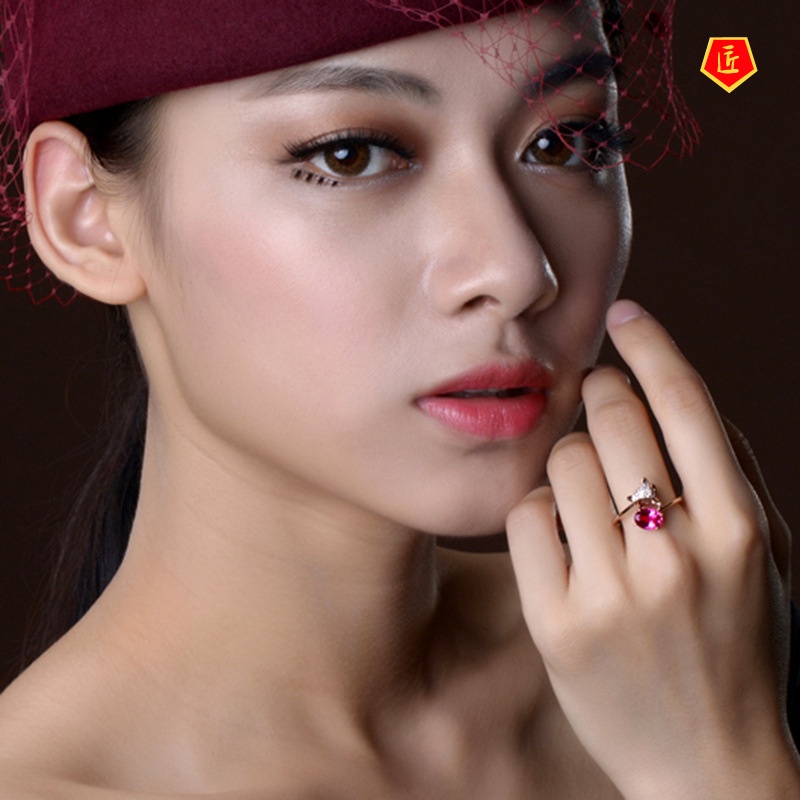 [Ready Stock]Women's Korean-Style Rose Fox Ruby Silver Ring