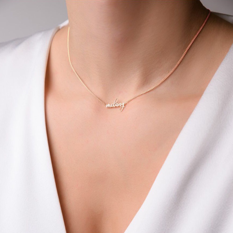 Model Melany | Kalung Titanium Wanita Liontin Ukir Nama Lapis Emas Anti Karat ( Personalized Name Necklace Custome &amp; plated Gold )
