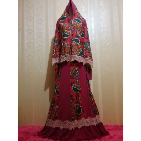 Preloved PL Gamis Set Hijab Jumbo Jersey Pink Fanta Motif