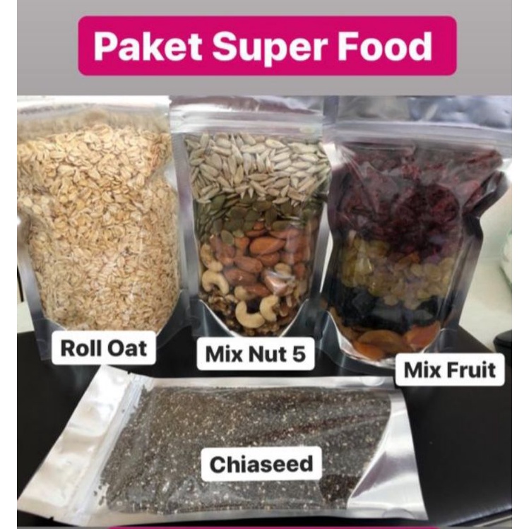 PAKET SUPERFOOD ( mix nut , mix fruit , chiaseed , Roll Oat ) healthy food makanan sehat