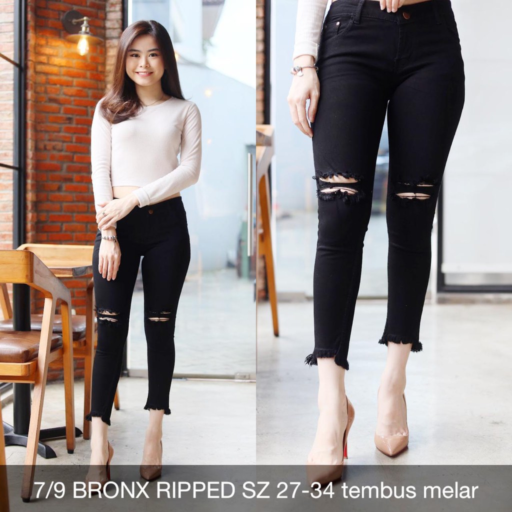 CELANA RIPPED JEANS HITAM WANITA 7/9 BRONX JEANS ROBEK