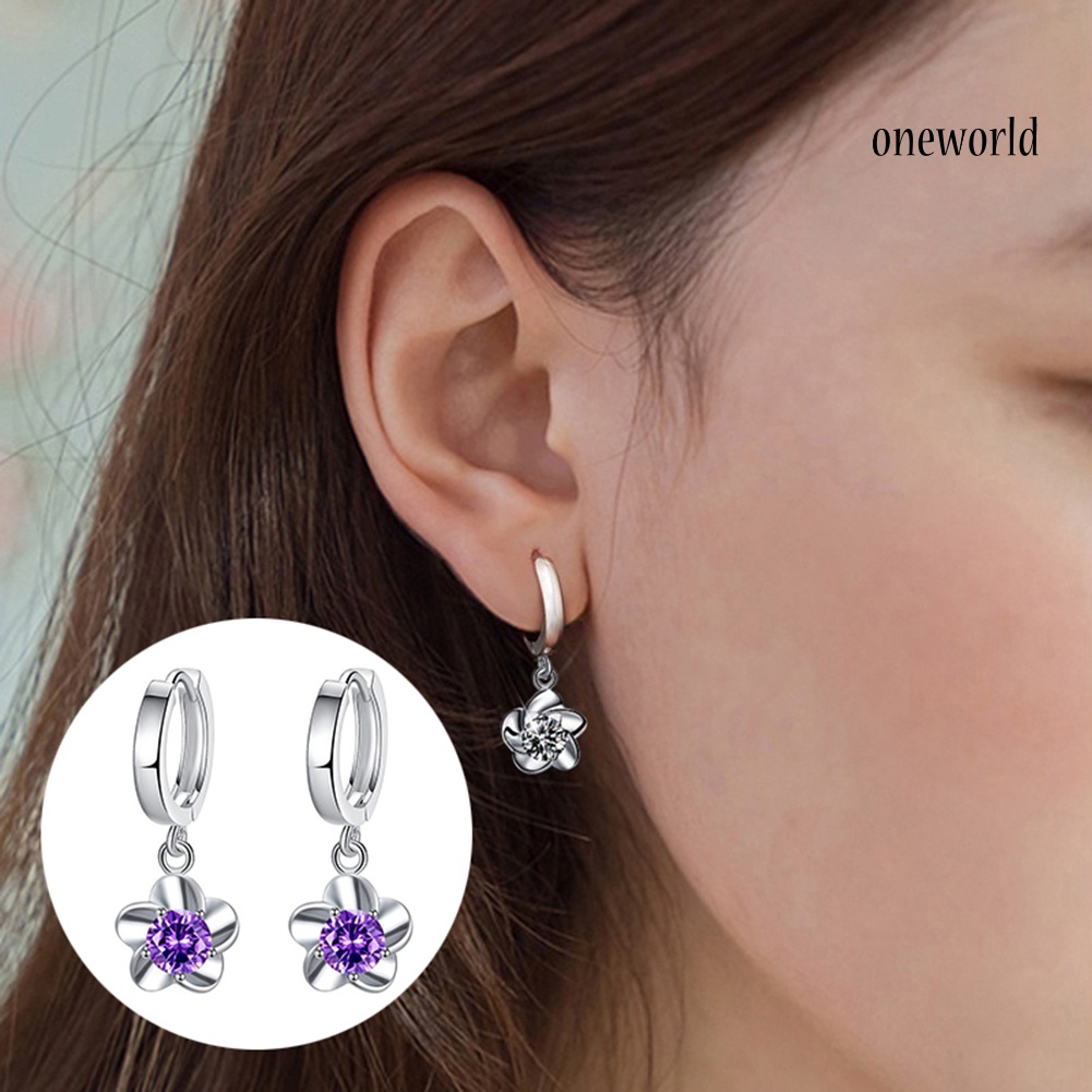 OW@ Fashion Women Plum Blossom Shape Dangle Rhinestone Leaverback Earrings Jewelry