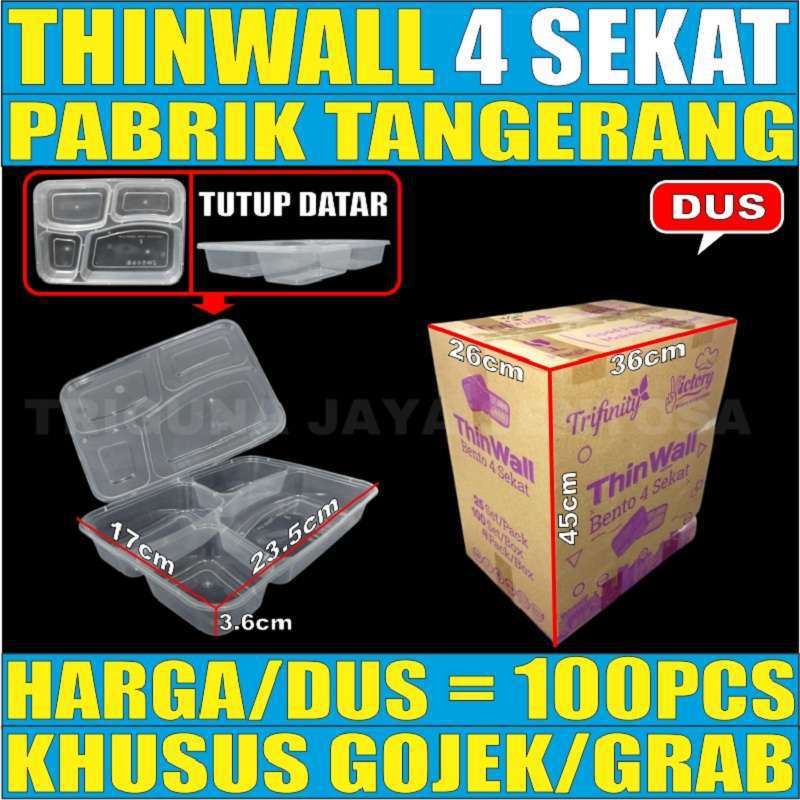 Thinwall 4Sekat Tutup Datar Atau 4 Sekat Tutup Cembung Per Dus Kotak Makan Bento Plastik gjk