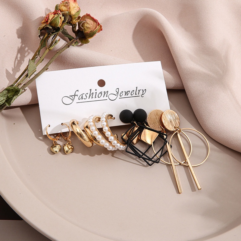 5 Pasang / Set Anting Stud Bentuk Kupu-Kupu Lingkaran Aksen Mutiara Warna Emas Gaya Retro Korea Untuk Wanita