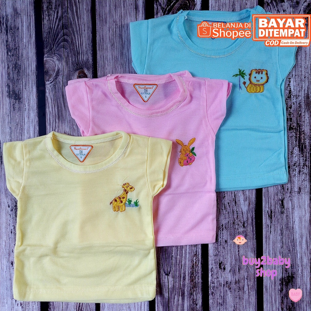 Baju bayi kaos oblong warna polos pas untuk harian Sun Flower usia 0-12 Bulan isi 3 Kaos