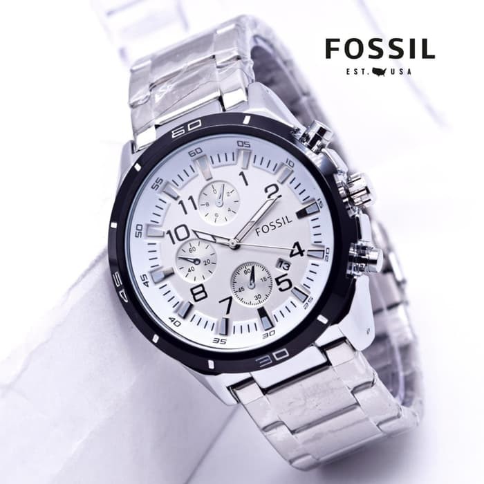 Jam Tangan Pria  Man Steel Rantai Silver Ring Black plat White