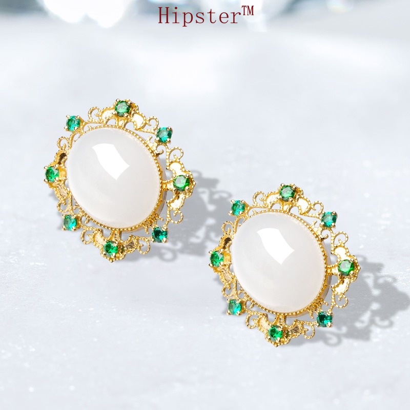 Hot Sale Fashion Classic round White Jade 18K Gold Micro Inlay Emerald