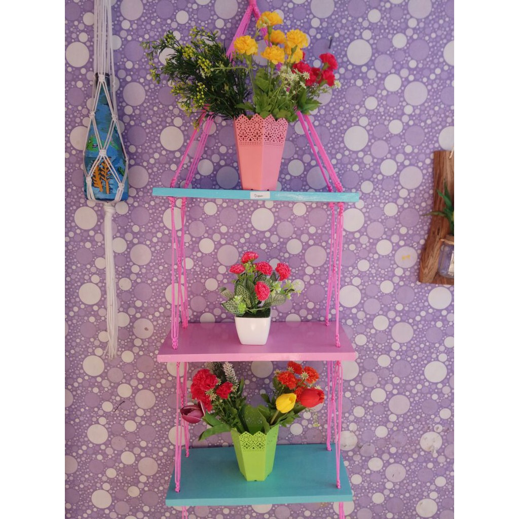 Rak Dinding Gantung Melayang Dekorasi Unik Kayu Vintage Tiga Susun Biru Pink Biru Tali Pink