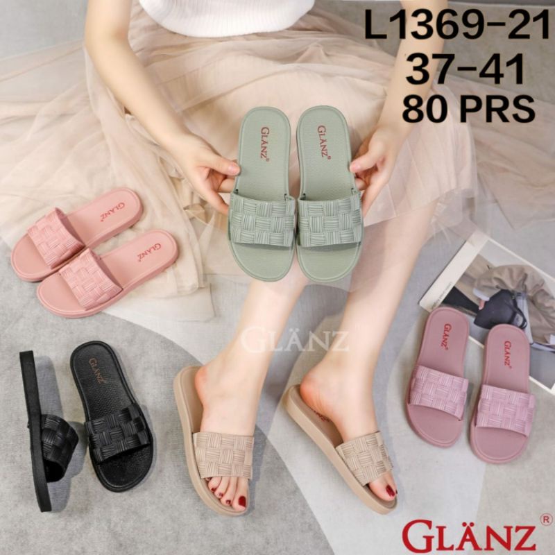 L1369-21 Sandal Selop Karet Wanita Motif Ketupat Glanz Sendal Flat Slop Cewek Perempuan Impor Kotak Anyam Anyaman Turki Tali Jelly Glanzton L1369 1369 Import Teplek Murah Cantik Simple Empuk