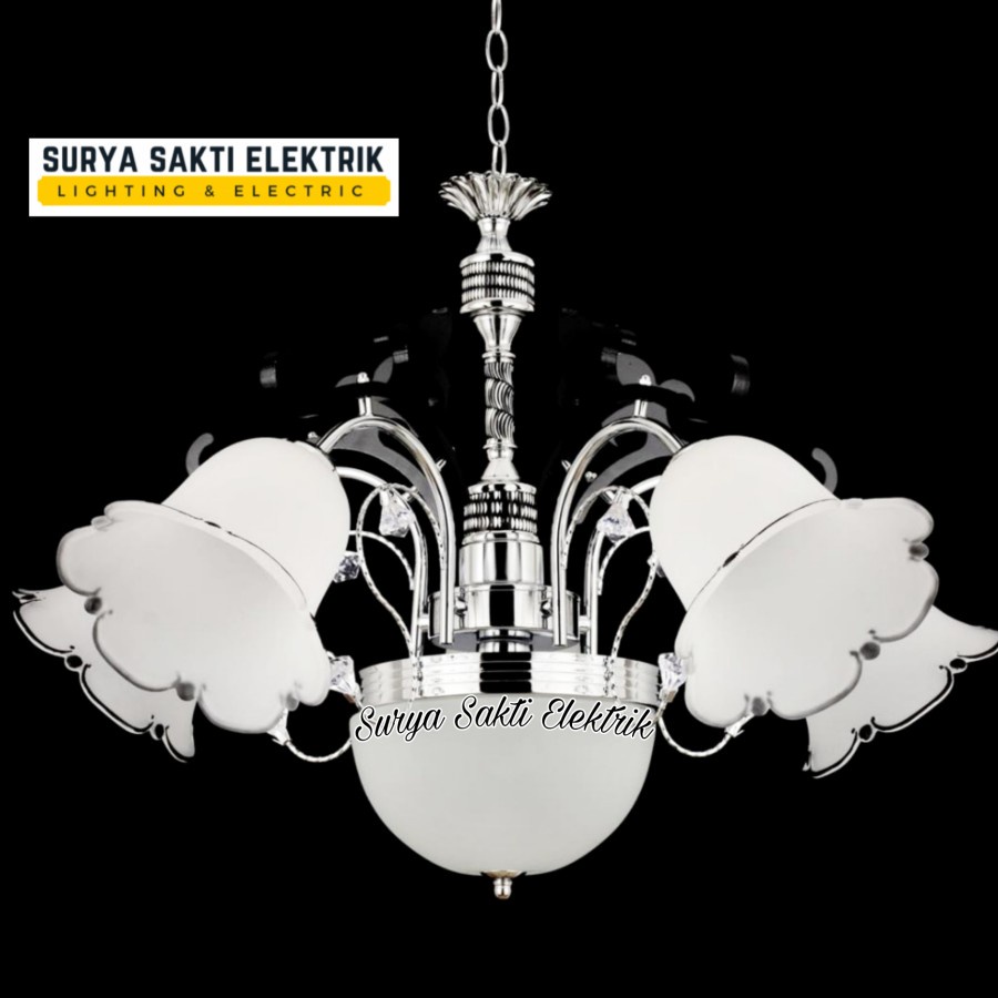 LAMPU GANTUNG MINIMALIS 5+1 PUTIH HIAS RUANG TAMU MODEL BUNGA