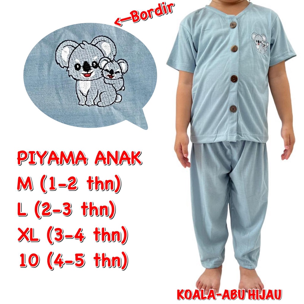 (1 KG MUAT 6 STEL) BAJU TIDUR ANAK KIDS PEREMPUAN/LAKI-LAKI/CEWEK/COWOK SETELAN/STELAN BAHAN KAOS KATUN CP KANCING BORDIR KOALA ABU HIJAU