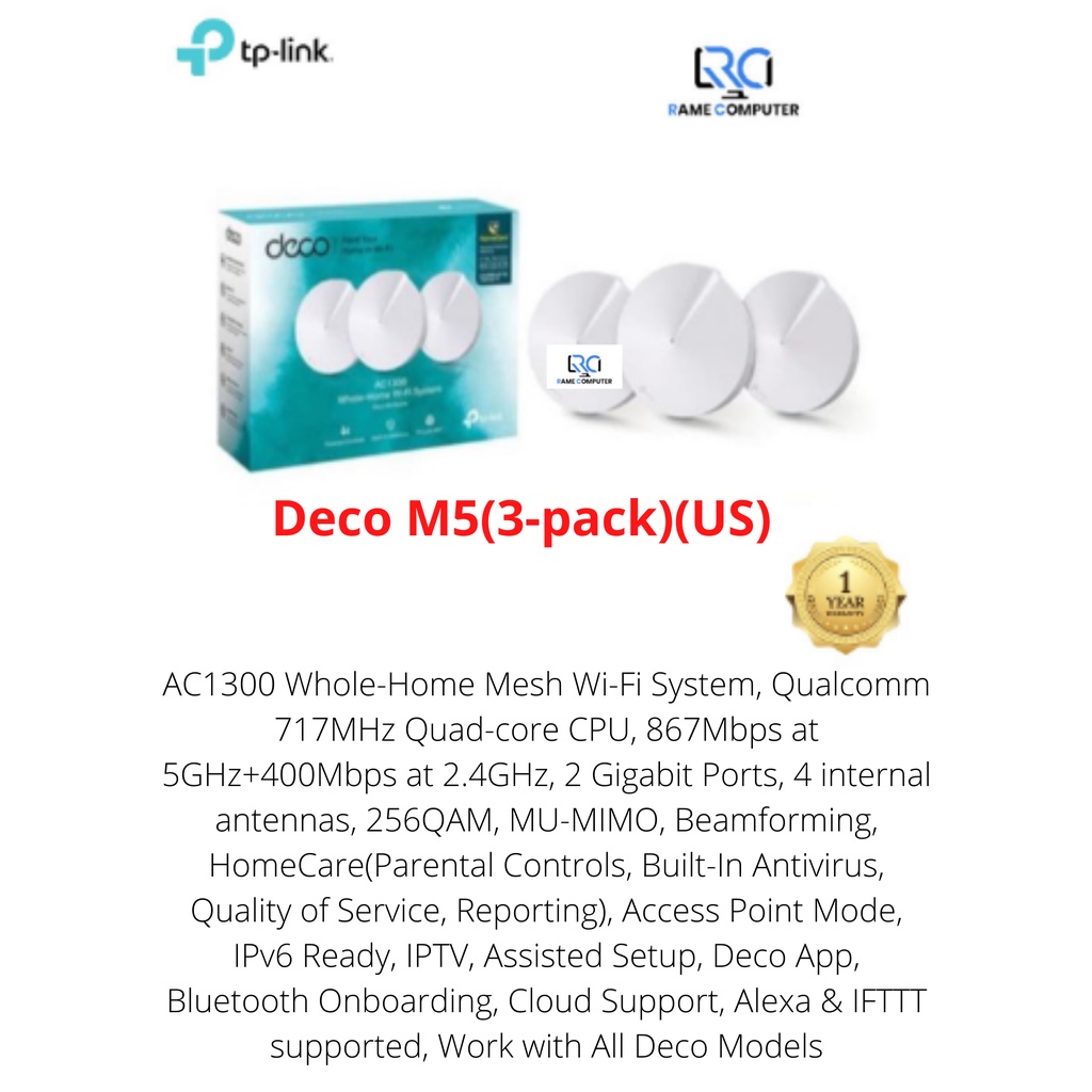 TP-LINK Deco M5 ISI 3 PCS AC1300 Whole-Home Mesh Wi-Fi System ( 3-Pack ) Tplink