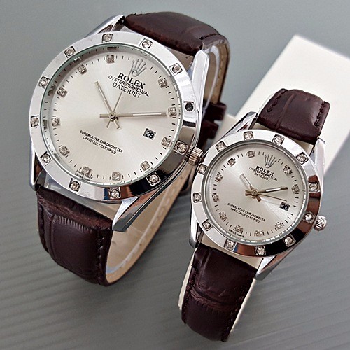 Rolex Couple Jam Tangan | Jam Tangan Rolex Couple Leather Brown Silver Harga Sepasang B_SWH