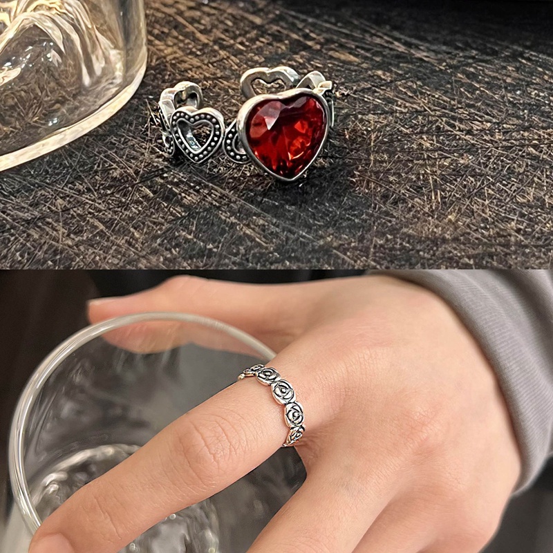 Cincin Silver Thai Retro Desain Bunga Mawar Merpati Hias Zircon Merah Darah Untuk Wanita