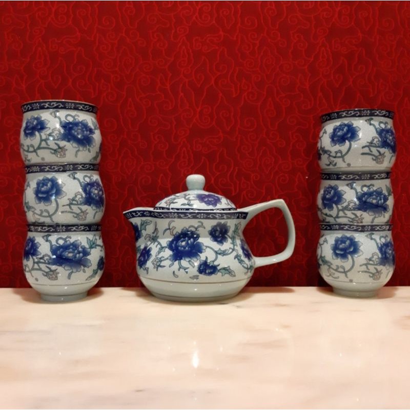PROMO Teaset Antik Motif Bunga Lotus Biru